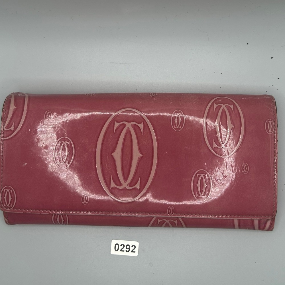 Cartier Pink Patent Leather‎ Double C Logo Continental Wallet#292